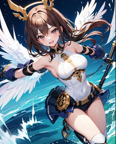 fantasy, 1angel_girl,child, loli,brown_hair, medium_bob_hair, long_bangs, halo,bare_shoulder,thighhighs,silver_armor, waist_armor, large_breasts,angry,grinning,open_mouth_teeth, 1pair_wings, dynamic_pose_fighting,floating, bare_crotch, headgear,gauntlet, g...