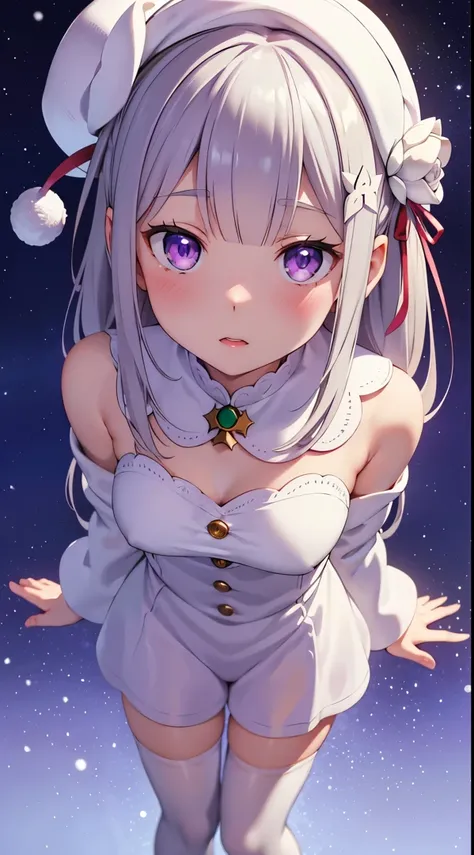 re:zero, emilia, gray hair, hair flower, masterpiece, amazing, 8k, detailed, 1girl, (from above), purple eyes, (white tights), ((leans forward)), (stands), hands behind her back, ((looking up)), (blured background), falling snowflakes, ((Christmas hat))