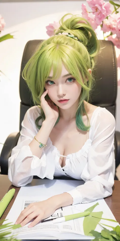 1girl, green hair, green eyes, high quality, ultra detailed, masterpiece, realistic