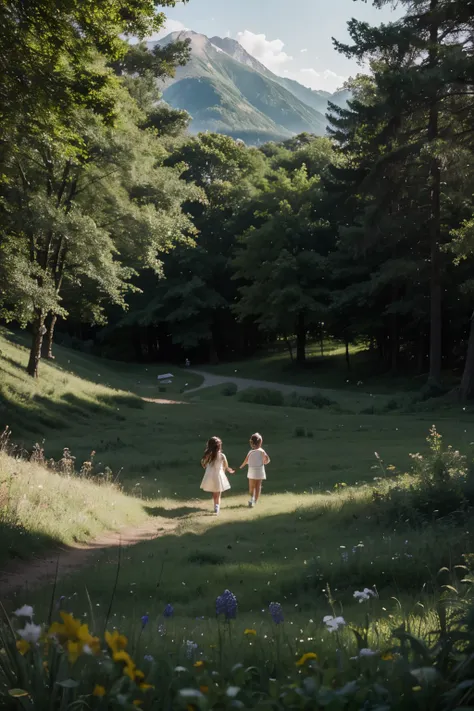 In a green forest there are two girls playing with their grandfather, his grandmother and his uncle BREAK WITH a brave expression, guides them to their destination.
BREAK Behind them, A green forest extends and beyond that, Mountains rise in the distance.
...