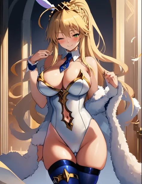 masterpiece, best quality, absurdres, soft lighting, looking at viewer, solo, light_smile, wink, one eye closed,
1girl, ahoge, rabbit ears, playboy bunny, artoria pendragon (swimsuit ruler) (fate), large breasts , blonde hair, green eyes, french braid,  po...