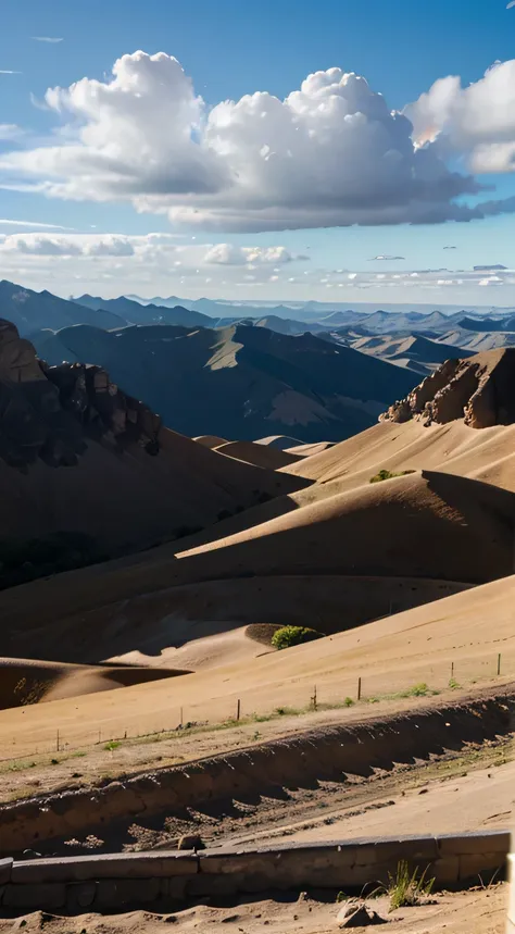 a paradisiacal image of a plateau, with a blue sky full of white clouds.