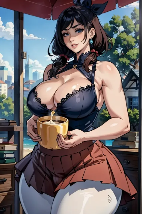 (Masterpiece:1.2, Best quality:1.2, Beautiful, High quality, A high resolution:1.1, Aesthetic), Detailed, Extremely detailed, ambient soft lighting, 4K, 1girll, 鎖骨, Crop top, Large breasts, Lips, cropped shoulders, Open clothes， Sleeveless, Smile, Solo,thi...