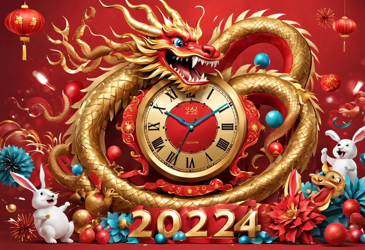 2024 new year poster design，passionate red as the main color，with dynamism，located in the center of the poster，giant smiling chi...