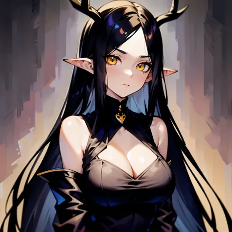 1woman, long straight black hair, yellow eyes, medium breast, forehead, pointed ears, black goth dress, long deer antlers, bored face, solo, best quality, masterpiece, portrait, night woods background, looking at the camera, from the front, detailed, perfe...