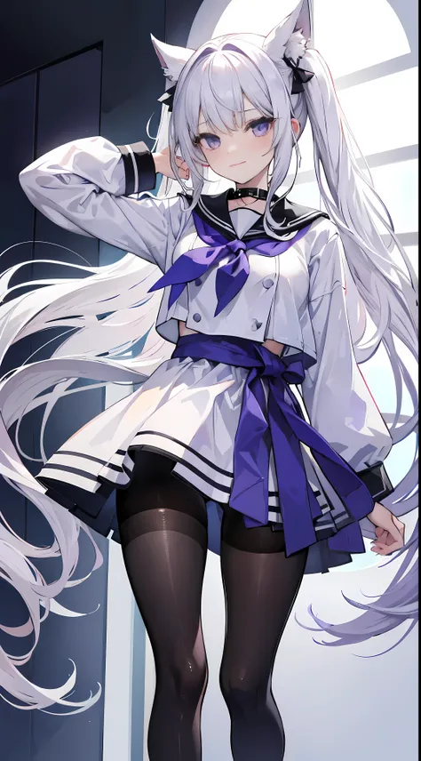 Lover - long white hair，Double ponytail to waist， broken hair curtain，，Crystal purple eyes，sailor uniform school uniform，Lift up the skirt with both hands，Show off with a smile，White has a heart shape，Thigh and calf details，legs long，close-up on legs，Stand...