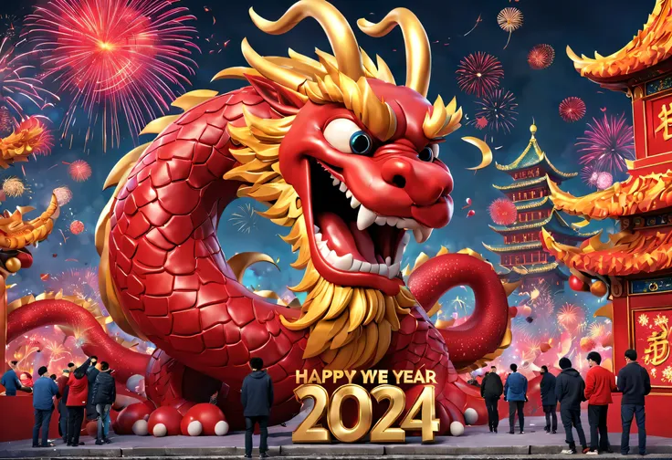 2024 new year poster design，passionate red as the main color，with dynamism，located in the center of the poster，smiling giant chi...