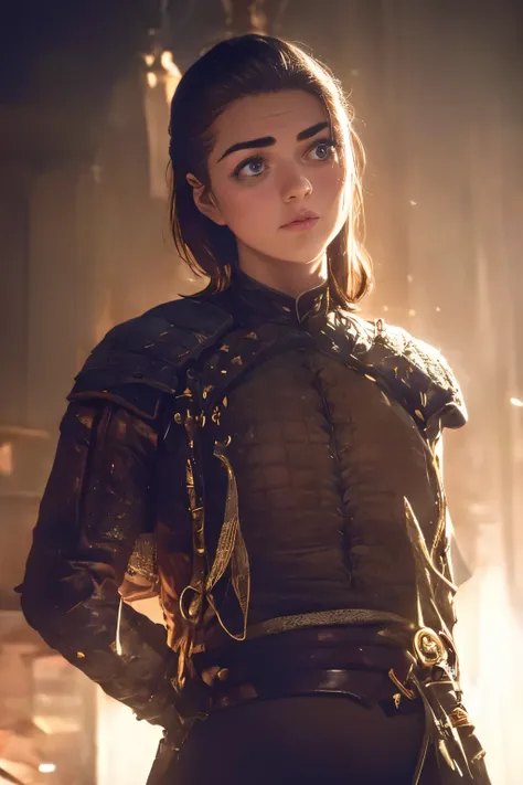 Breathtaking cinematic photo of a 18 year old girl with brown hair and olhos castanhos, Arya Stark, Rosto de Maisie Williams, rosto de Arya Stark ,Game of Thrones character, medieval, d&d, boca fechada, Beautiful lips, detalhes intrincados, profundidade de...