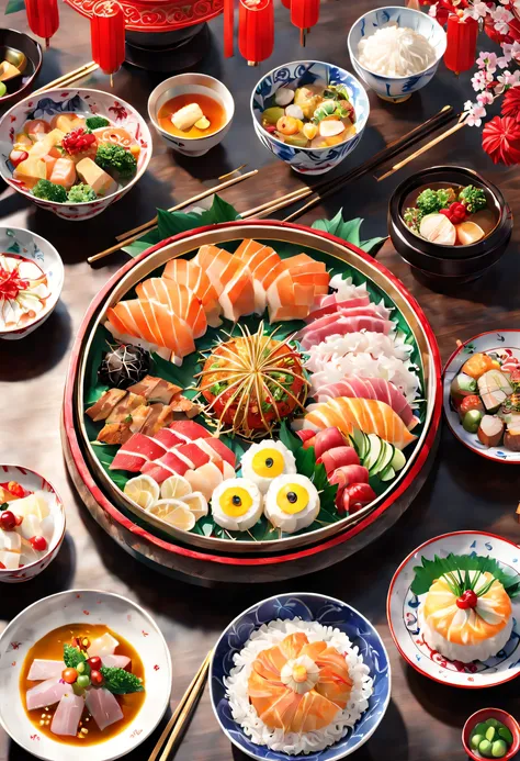 Anime, Japanese New Year dishes, (best composition), (masutepiece), (Best Quality), (ultra high detail)