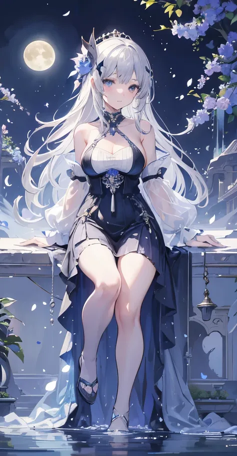 (masutepiece), (Best Quality), Highly detailed, One girl, full body photographed，Perfect face, Beautiful face, extra detailed face，Long gray hair，Mare，butterflys々，flower petals，optic，waterface，a moon，splash water，Fantasia，fanciful，mystical