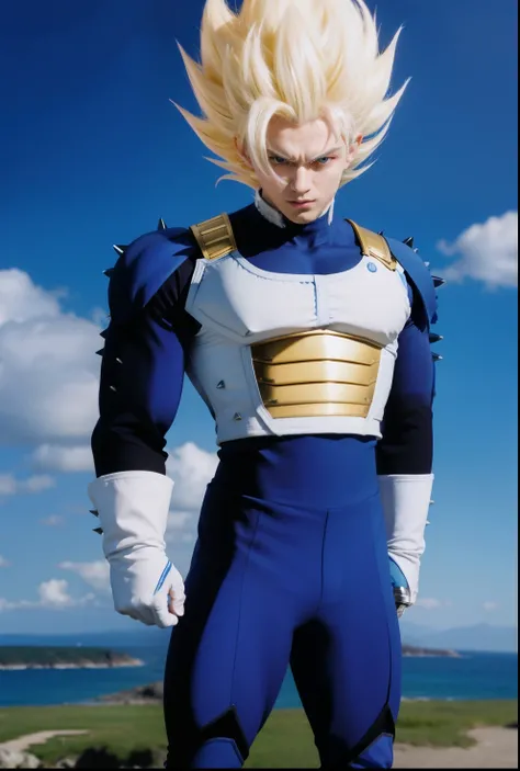 Real life adaptation of this character, his name is Vegeta (realistic blue and white outfit), spiky hair, blue pants, closed mouth, looking towards the viewer, black spiky hair, black eyes, armor, white gloves, detailed realistic black eyes, belt realistic...