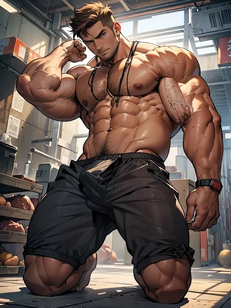 male people，solo person，brown  hair，Handsome，with a determined look in his eyes，Muscle tissue is particularly developed，Strong body，The pectoral muscles are well developed，Protruding abdominal muscles，(lean meat)，(白色紧身T-word)，(((T-word)))，((The crotch is r...