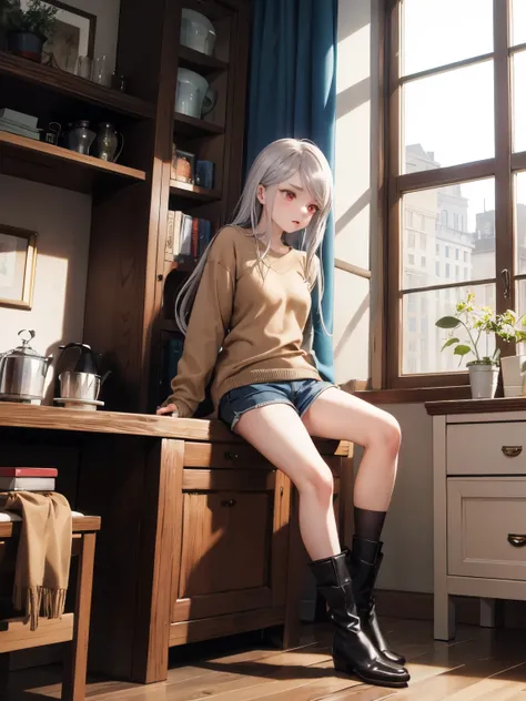 masterpiece, best quality, ShalltearV4, 1girl, solo, brown sweater, legwear, ankle boots, indoors, silver hairs, long hairs, hotpants