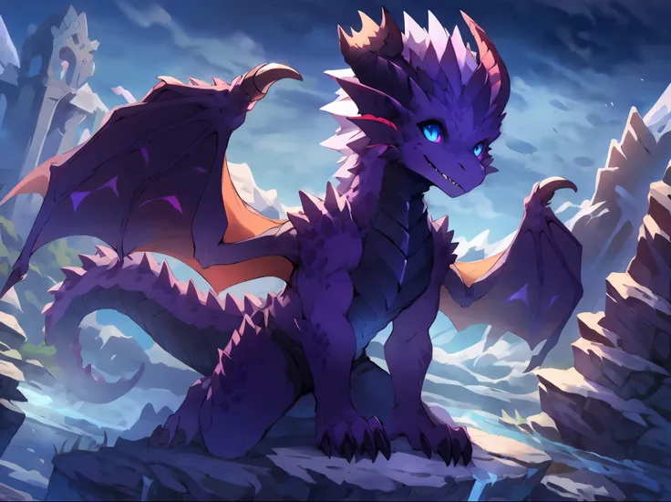 powerful dragon with black and purple scales, crystalline horns, dark aura, powerful creature, blue eyes, with a halo on top of the head, on top of a mountain, hatred, with open wings, with a broken horn