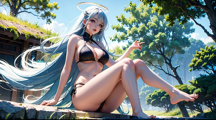 Best quality at best，nabel，比基尼，hand on her own chest，The halo，full bodyesbian，wide blue eyes，Raised sexy，8K，，Beth，By the beach，Beth连裤袜,with her mouth open,Open your legs,cute big breasts鼻子,cute big breasts，The mouth is relatively large,The legs are relativ...