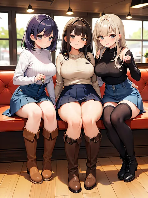 3 women.
The first woman is wearing a sexy knit and pleated skirt and long boots.
The second woman is wearing a mini-knit dress that clearly shows her waist and long boots..
The third woman is wearing a western shirt, denim miniskirt, and western boots..
T...