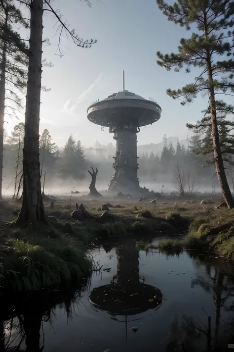 Exact moment when an alien spaceship crashes into a swampy and ominous forest with foggy weather (Super Resolution)