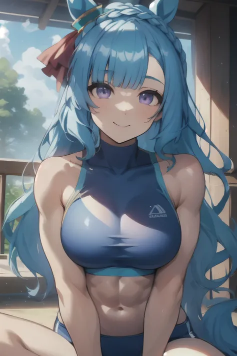 mejiro ardan(umamusume), masterpiece, best quality, (ultra-detailed face), muscular, symmetrical face, beautiful face, athletics track, slender, abs, sports bra, horse tail, smile, large tits, hand between legs