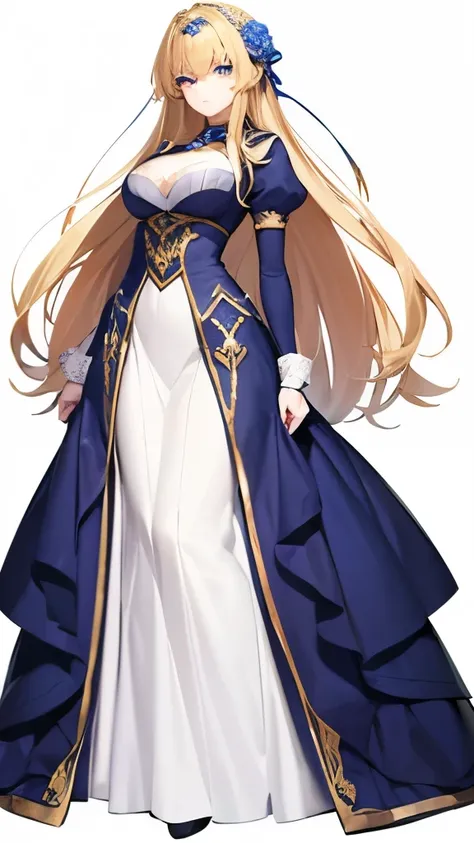 generate full body of beautiful adult noble woman, have volumous blonde hair and blue vivid eyes, have a flower accesoy on her left side hair. wear medieval royalty outfits. her outfits should be dominant in white colors but have pretty much yellow colors.