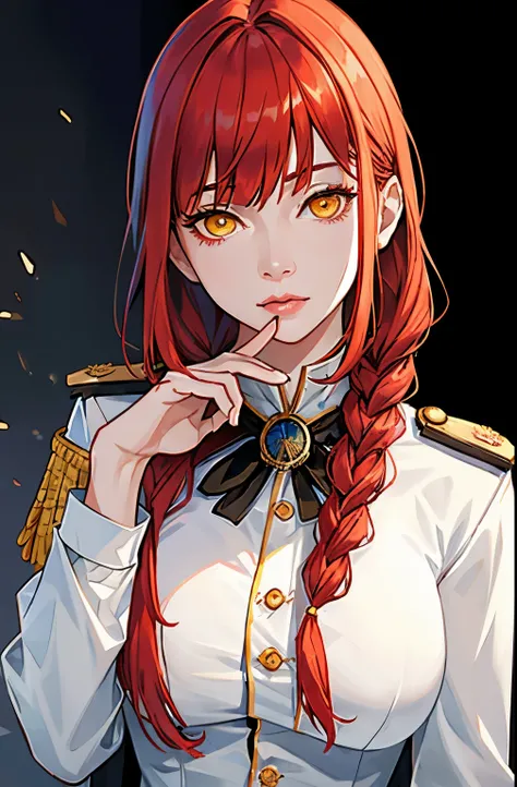 Half body, detailed eyes, Medium tits,  masterpiece, (photorealistic:1.4), best quality, beautiful lighting, admiral long coat, shoulder badge, (ulzzang-6500:0.5), makima (chainsaw man), (red hair)+(single long braided hair)+(bangs), yellow eyes, golden ey...