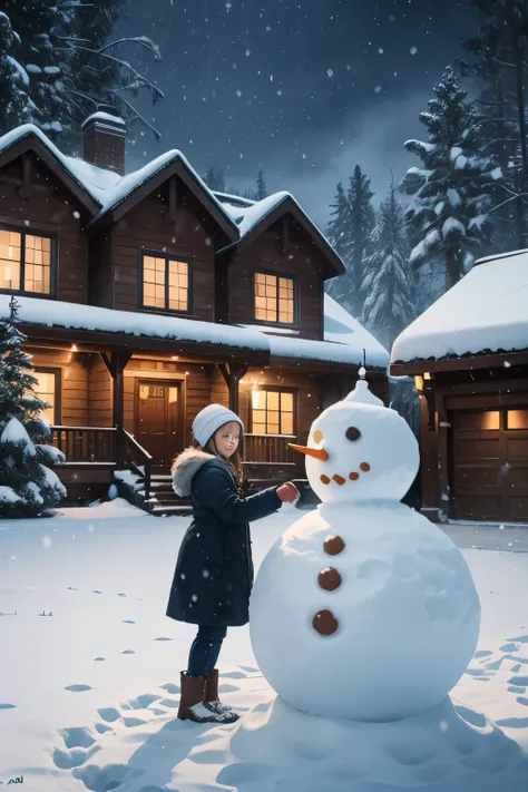 The prompt for Stable Diffusion would be:

"A girl playing with a snowman in front of a house, snowflakes falling everywhere, (best quality, highres:1.2), ultra-detailed, realistic, portraits, snowy landscape, vibrant colors, soft and warm lighting."