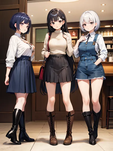 1,3 women.
2,The first woman is wearing a sexy knit and pleated skirt and long boots. her hair is cut short.
3,The second woman was、She is wearing a mini-knit dress with a large bust opening that clearly shows off her body line., and she&#39;s wearing long...