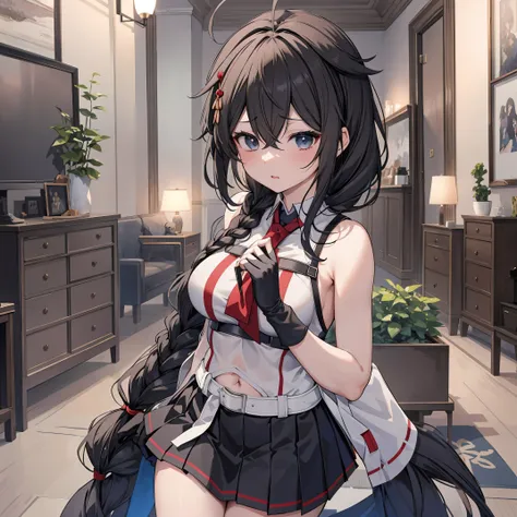 shigure kai 3 kancolle sleeveless black thimble gloves black skirt braid 8k high resolution very fine eyes very fine face、insane...