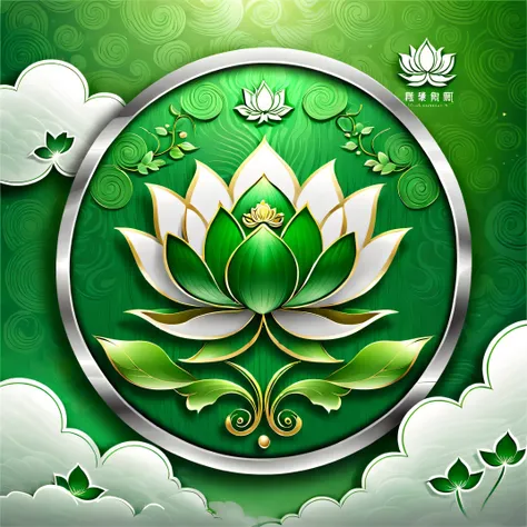 ( Logo design_1.5)，metal texture logo， Green auspicious cloud background，Modern minimalist style，（An auspicious cloud+green lotus logo：1.5），Lotus bordered with white，create subtle, morden style，Graphic design，（Vector flags：1.3），