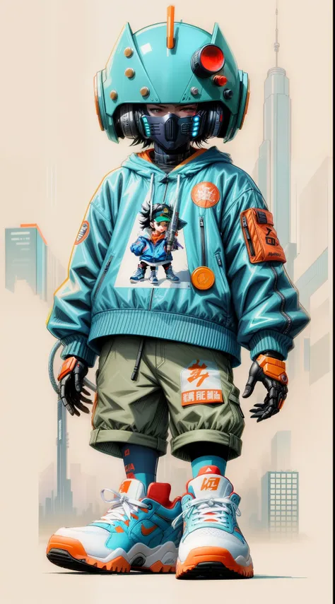 a drawing of a robot with a blue jacket and orange shoes, cyberpunk streetwear, akira style illustration, traditional japanese concept art, in the style of akira, wearing cyberpunk streetwear, akira art style, anime mecha aesthetic, cyberpunk anime art, di...