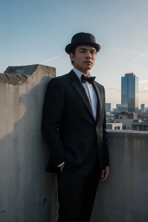 ((best quality)), ((masterpiece)), (detailed), perfect face,  a man with tuxedo, standing on the wall of city, with black hat, potrait, look of the sky