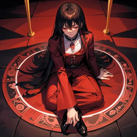 Hellsing　alucard　male people　A dark-haired　meditate on the floor　left and right eyes closed　Blood background mandala