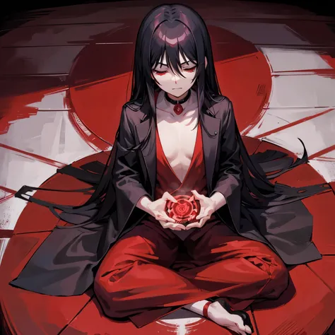 frontage　Hellsing　alucard　male people　A dark-haired　meditate on the floor　left and right eyes closed　Blood background mandala