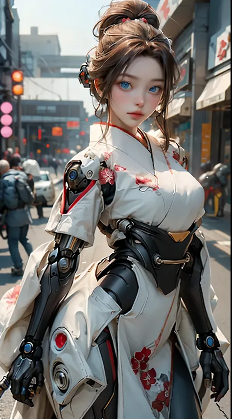 Head-to-toe photo of a full-length female robot with a mechanical body..., mechanical hand, mechanical foot, Blue Eyes, long, light brown hair flows., Wearing a flowing red kimono, Decorate the body with various metal flowers..., Turn Around, look at camer...