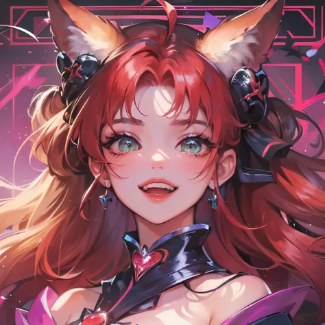 (masterpiece), 8k cg, stunningly beautiful girl, intricate details, chromatic aberration, ((bust shot)), ((looking at viewer)), 1girl, fire fox in sailor moon outfit, (long wavy hair, (scarlet red hair) blunt bangs, ahoge, hair bun, hair bow, hair ornament...