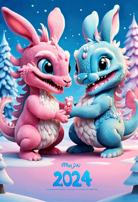 new year&#39;Christmas Eve 2024 poster design，Pink and blue as main colors， (Cute blue Chinese dragon is shaking hands with naughty bunny：1.23）,shaggy，2024，