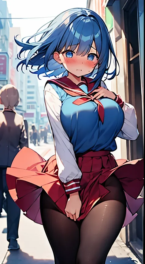 1womanl,Blue hair,Beautiful hands、In the street、Bustling street、Crowds、main street、Red ribbons ,((Surprised look)),Beautiful breasts,very Bigger breasts、Blue eyes、huge tit、a sailor suit,blue pleated skirt very short pleated skirt,well-styled,Slender thighs...