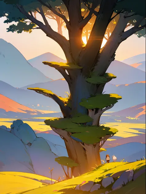 An image of a serene and majestic landscape from the world of The Legend of Zelda,The lighting style should showcase the vibrant colors of the environment, with a golden sunset casting a warm glow on the scene. The image should be highly detailed and reali...