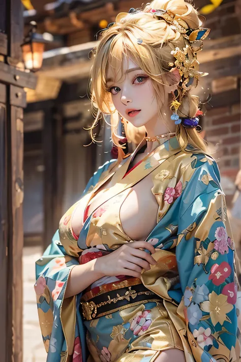 (Photorealsitic:1.3,visualart,depth of fields、top-quality,8K picture quality,​masterpiece:1.3,hight resolution,masutepiece:1.2),girl with(23years old, Gold Kimono, Golden underwear, golden bra, Golden panties, Golden choker),(Long hair:1.2,a blond:1.3), Bl...