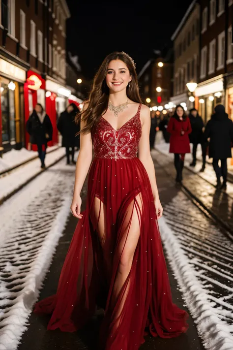 In a picturesque Christmas scene, a woman with long, flowing brown hair stands on a snowy street, adorned in an exquisite deep red dress. Every intricate detail of her attire, from the delicate lacework to the shimmering sequins, is expertly captured in th...