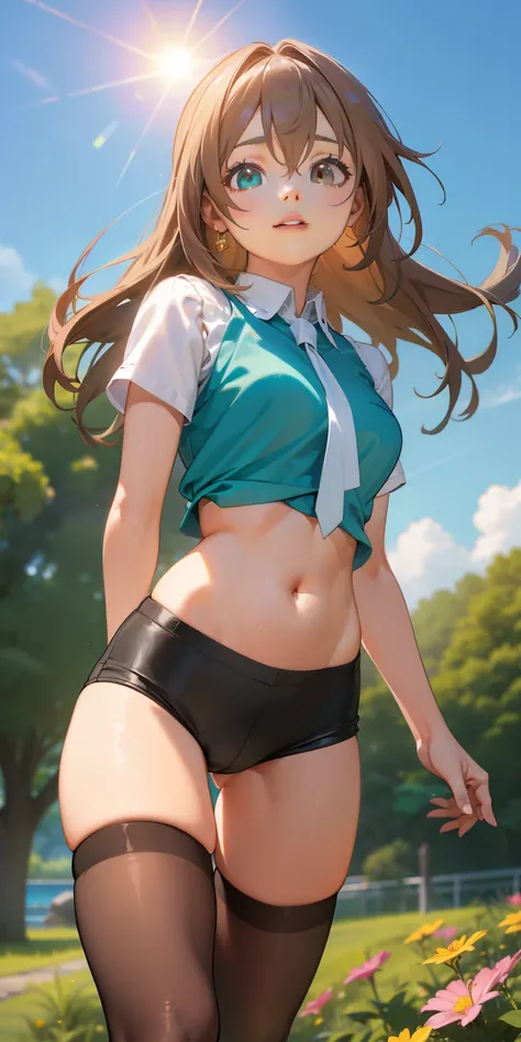 master part, best quality, Realistic, menina adulta, sorrir, Aqua Konosuba, cabelos castanhos longos, olhos castanhos, olhos brilhantes, camisa curta, barriga perfeita, shorts curtos rasgados, tight pantyhose, pernas perfeitas, separated-lips, corar, Noite...