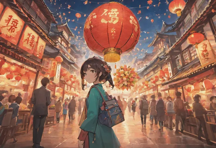 Chinese New Year&#39;s Eve，lanterns，Chinese，dragon dance team，（（（Gorgeous fireworks））），3d effect，a huge and prosperous city，natta，Adults and children are bustling around the Flower Street，high high quality，（16K resolution），（（ultra - detailed）），（（An artwork...