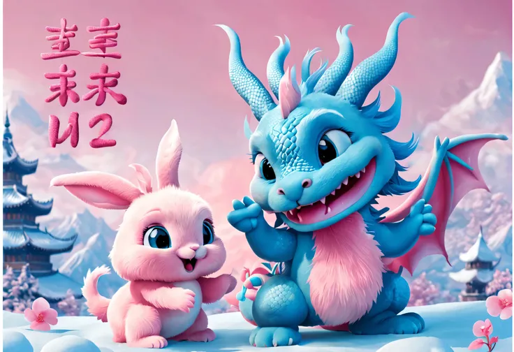 （2024 poster design），pink and blue as main colors， (a cute and playful blue chinese dragon is saying goodbye to a pink fluffy ra...