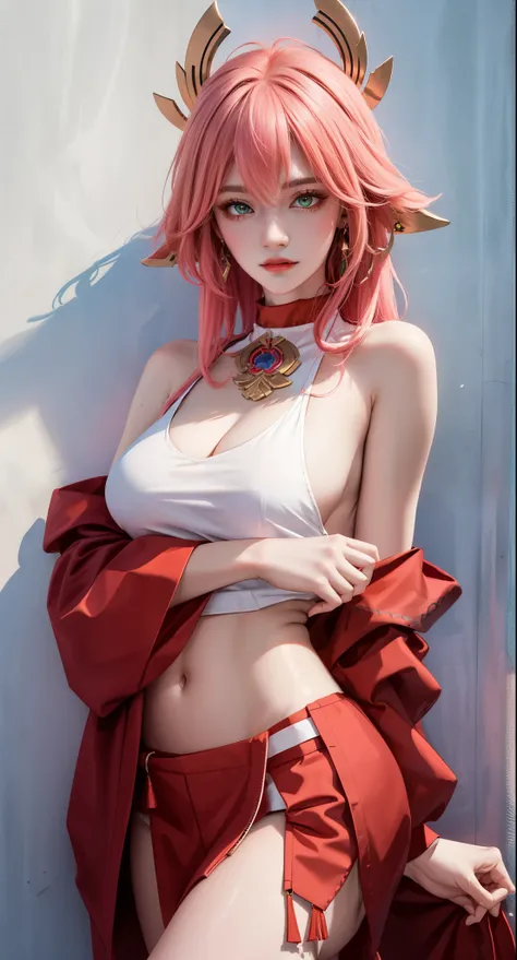 Leaning against a textured wall, looking confident, (Masterpiece, Excellent, 1girl, solo, complex details, color difference), realism, ((medium breath)), off-the-shoulders, big breasts, sexy, Yae Miko, long pink hair, red headdress, red highlight, hair abo...