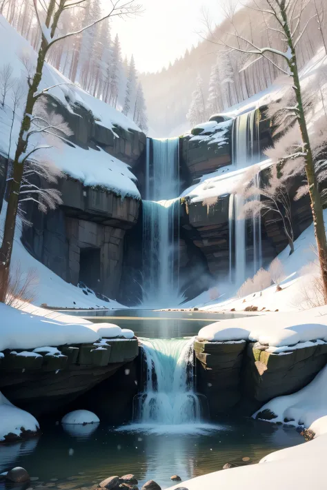 big waterfall in winter forest、two waterfalls、tome&#39;snowflakes falling