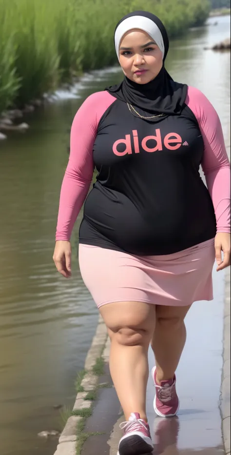 ((HIJAB MALAY GIRL)), ((BBW)), SHORTS, HUGE WIDE BUTT, WIDE BUTT, 63 YEAR OLD METURE womens, METURE womens, (ROSE LIPS), (ADIDAS SNEAKERS), (TIGH SKIRT), walking in style on a Village river, (ANGRY FACE EXPRESSION), TRANSPARENT, STAYING, THICK FOG. FOGGING...