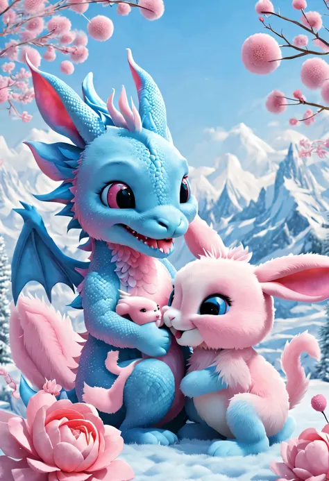 (2024 poster design),Pink and blue as main colors, (Cute and playful blue zodiac dragon is saying goodbye to pink fluffy bunny),(2024),a happy new year,fresh flowers