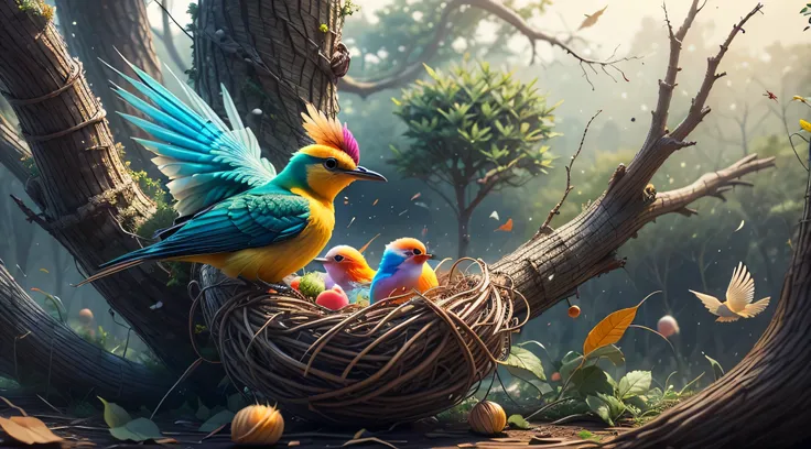 colorful bird nest, rainbow, realistic, high quality, sharp focus, high details,