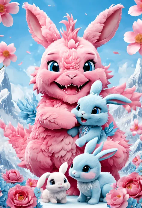 （new year 2024&#39;s day poster design），Pink and blue as main colors， (Cute and playful blue zodiac dragon is saying goodbye to pink fluffy bunny）,（2024），a happy new year，fresh flowers