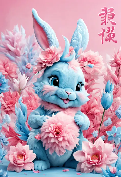 （new year 2024&#39;s day poster design），pink and blue as main colors， (cute and playful blue zodiac dragon is saying goodbye to ...