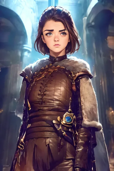 Breathtaking cinematic photo of a 18 year old girl with brown hair and olhos castanhos, Arya Stark, Rosto de Maisie Williams, rosto de Arya Stark ,Game of Thrones character, medieval, d&d, boca fechada, Beautiful lips, detalhes intrincados, profundidade de...